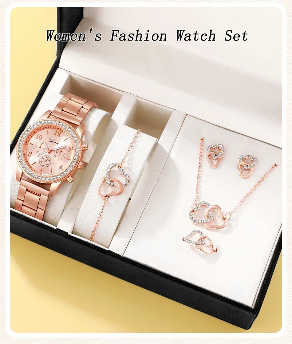 6PCS Set Luxury Watch Women Ring Necklace Earring