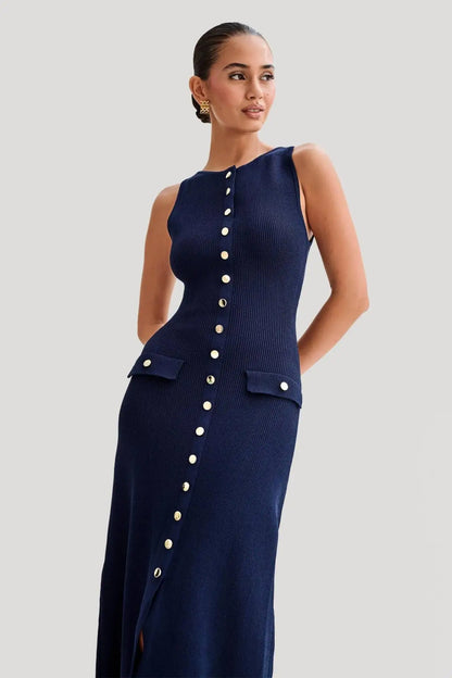 Women Solid Sleeveless O Neck Button Bodycon Dress