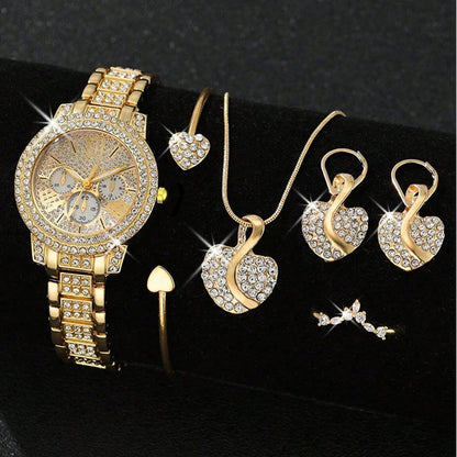 Women's Quartz Watch Gold Luxury Women Ring Necklace Earring Rhinestone Fashion Wristwatch Casual Ladies Watches Jewelry Set ﻿