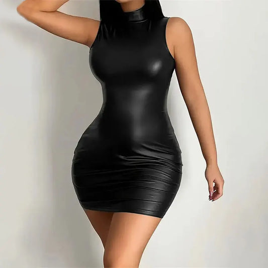 Party Bodycon Pu Leather Lady s Solid Color Dress Sexy Sleeveless Slim Elastic Leather Package Hip Tee Skirt Mini Short Dress