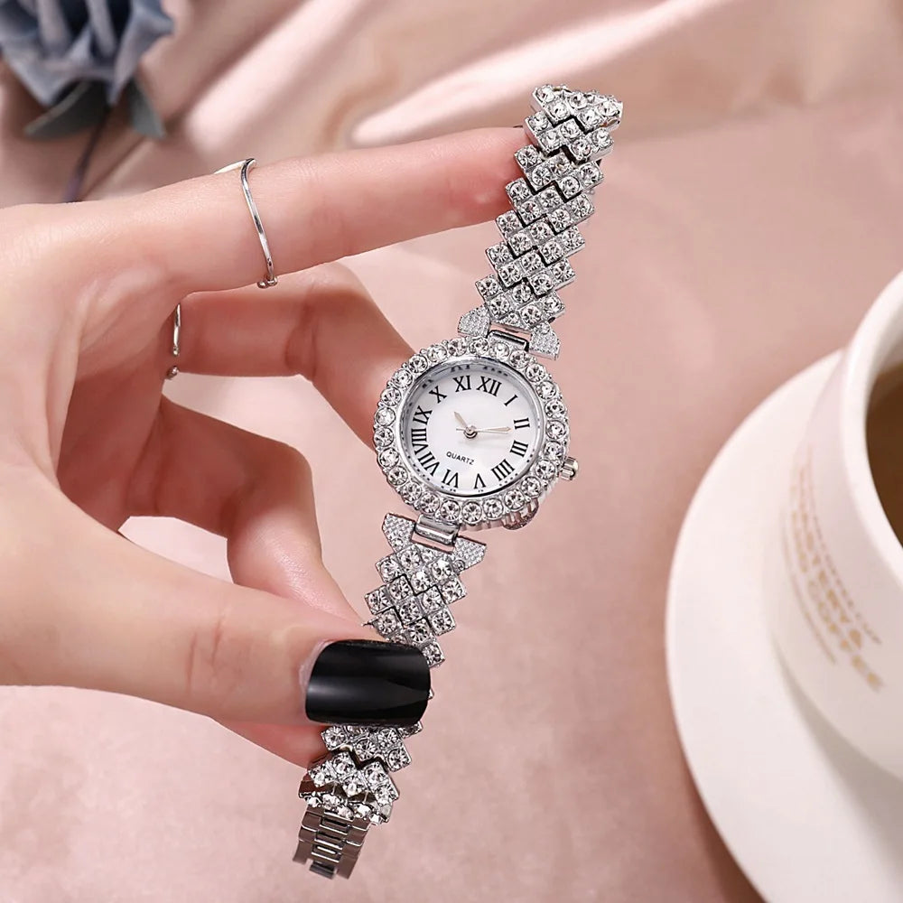 2pcs Luxury Women Rhinestone Rose Gold Watch