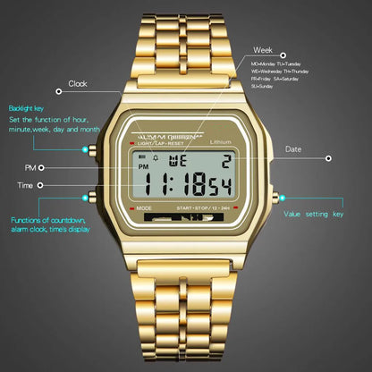 Luxury LED Digital Watches for Men Stainless Steel Gold Sliver Electronic Watch Fashion Business Mens Watch relogios masculino