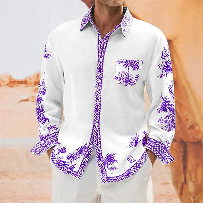 Men's top shirt pocket lapel long sleeve buttons casual street party comfortable soft material floral HD pattern blue pink red