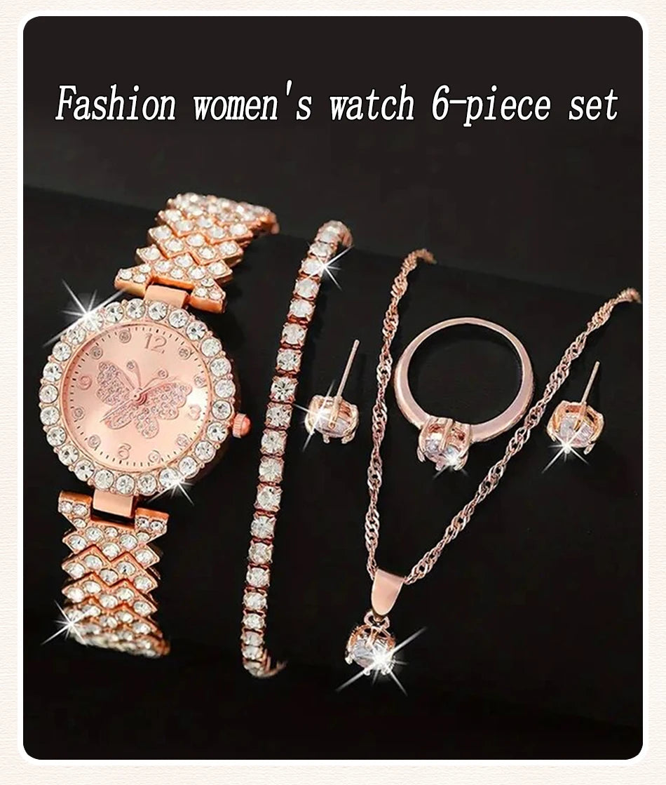 6pcs Jewelry Set Luxury Watch Women Ring Necklace Earring