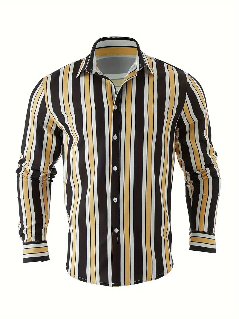 Men's long sleeved striped shirt with classic design, buttoned for business occasions, spring and autumn men's tops