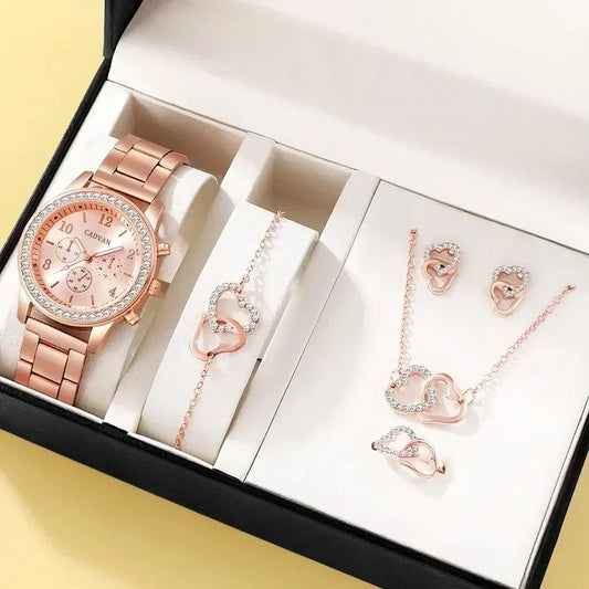 6PCS Set Luxury Watch Women Ring Necklace Earring