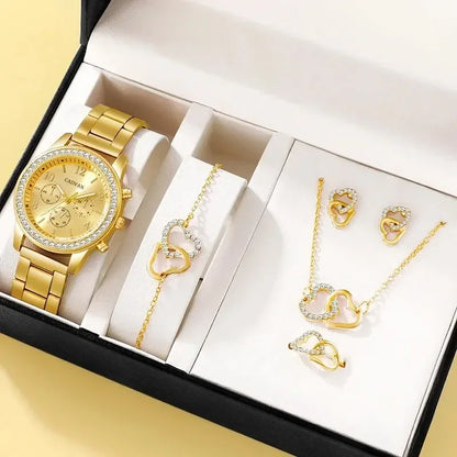 6PCS Set Luxury Watch Women Ring Necklace Earring