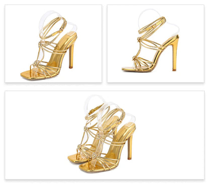 Liyke Fashion Rhinestone Buckle Narrow Band Sandals Women Sexy Square Toe Wedding Banquet Shoes Thin High Heels Golden Sandalias