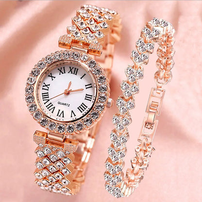 2pcs Luxury Women Rhinestone Rose Gold Watch