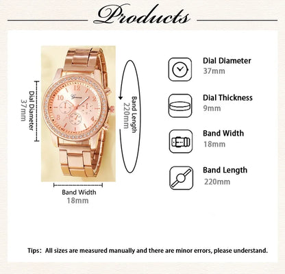 6PCS Set Luxury Watch Women Ring Necklace Earring