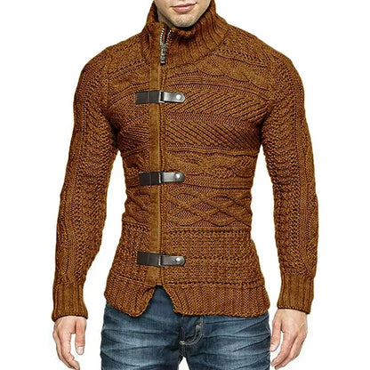 Men Sweaters Autumn Winter High Neck Sweater Men's Leather Buckle Long Sleeve Knitted Cardigan Coat Large Size Men Clothing