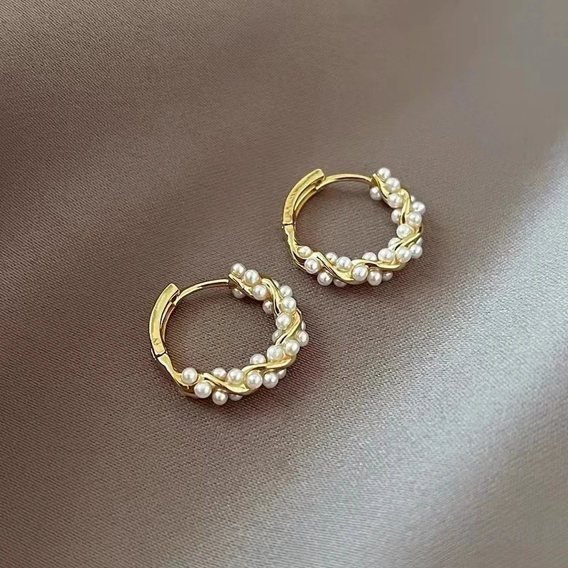 French Imitation Pearl Circel Earring Small Round Hoop Earrings For Women New Design Texture Earrings Jewelry Elegant Gift