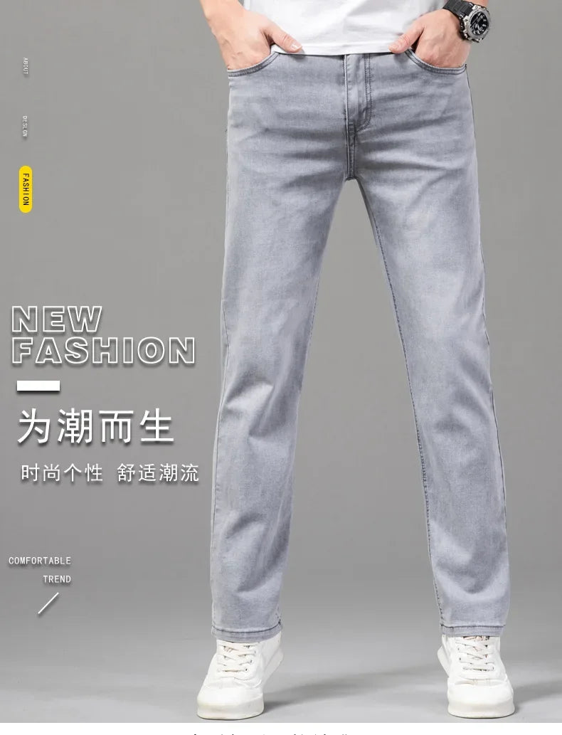 Summer Thin Men's Elastic Cotton Jeans Fashion Gray Comfortable Business Straight Casual Pants Brand Male Clothes Trousers