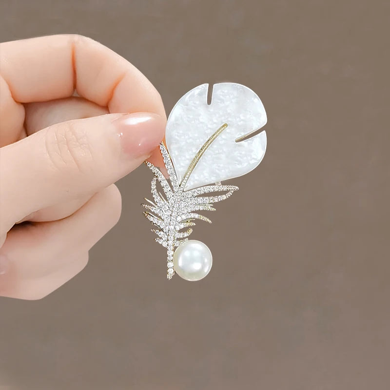 Silver Full of Rhinestone Feather Brooches